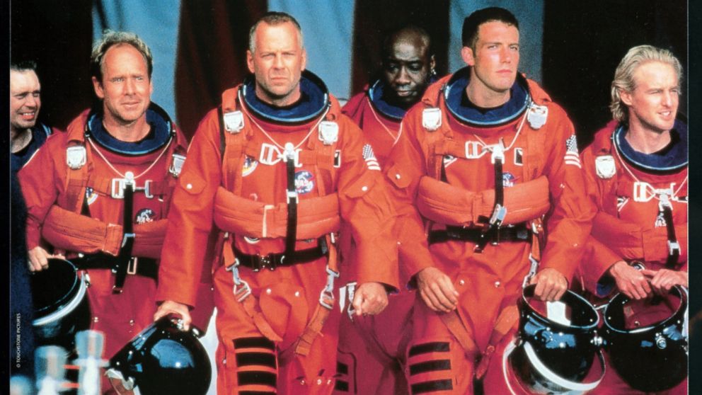 Steve Buscemi, Will Patton, Bruce Willis, Michael Clarke Duncan, Ben Affleck, and Owen Wilson in a scene from the film "Armageddon."