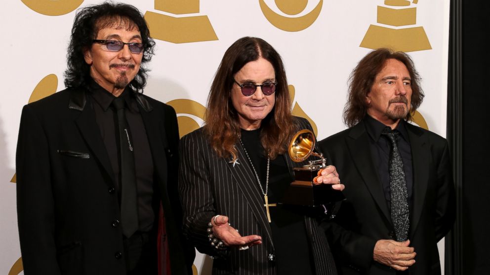 From left, Tony Iommi, Ozzy Osbourne and Geezer Butler of Black Sabbath pose in the press room at the 56th Annual GRAMMY Awards at Staples Center on Jan. 26, 2014 in Los Angeles.
