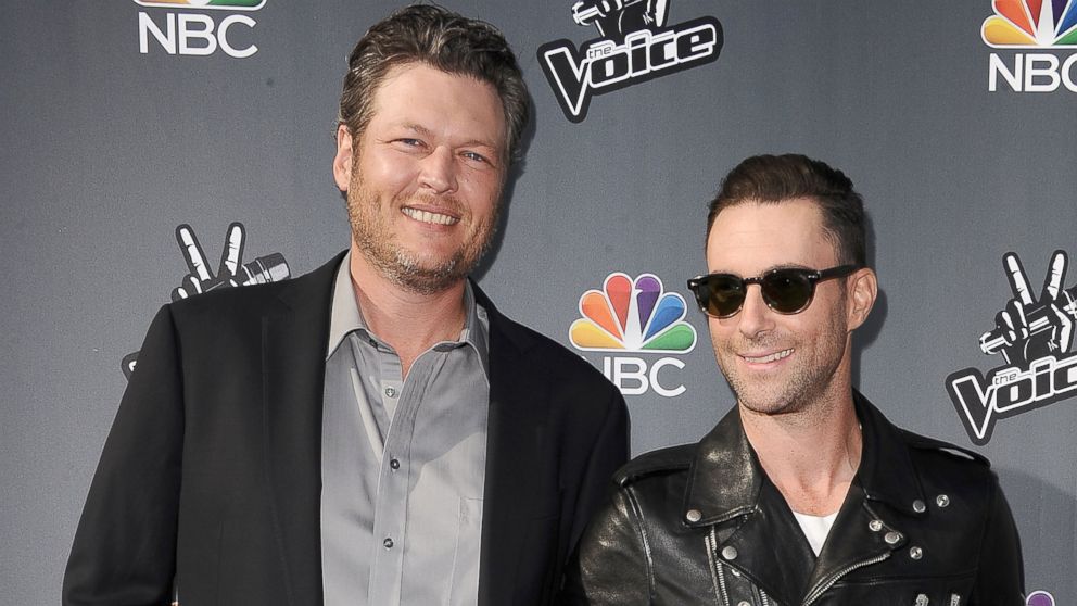 Blake Shelton and Adam Levine attend NBC's "The Voice" red carpet event at The Sayers Club, April 3, 2014, in Hollywood.