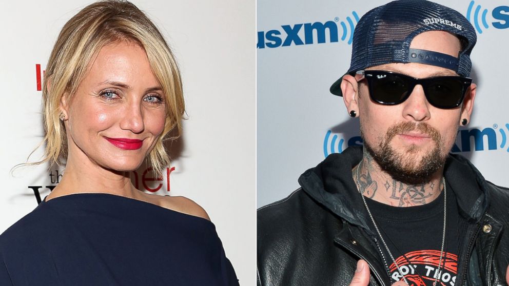 Actress Cameron Diaz attends The Cinema Society & Bobbi Brown with InStyle screening of "The Other Woman" at The Paley Center for Media, April 24, 2014 in New York. Right, Benji Madden visits SiriusXM Studios, June 2, 2014 in New York.
