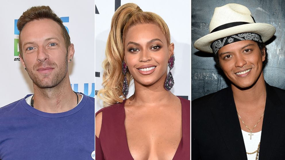Pictured (L-R) are Chris Martin of Coldplay in New York City, Nov. 24, 2015, Beyonce in New York City, Oct. 20, 2015 and Bruno Mars in Washington, Dec. 7, 2014.