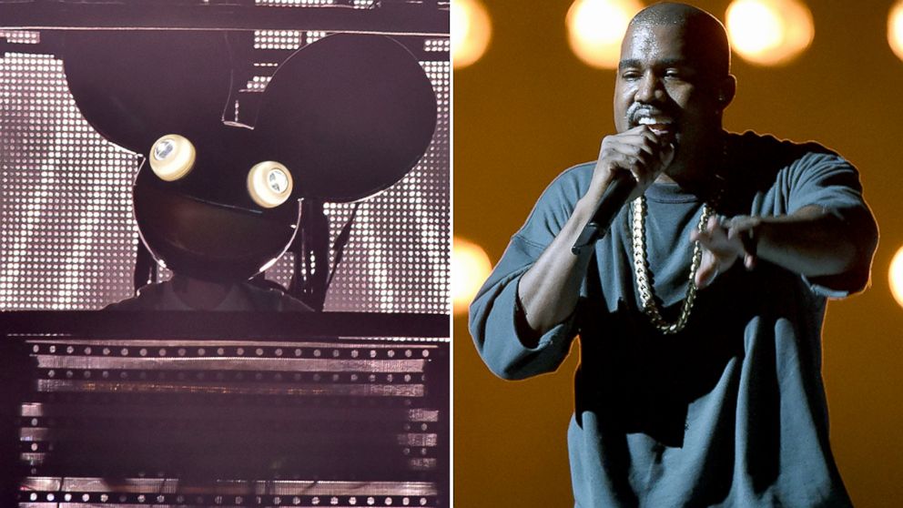 Deadmau5, left, performs a set. Kanye West, right, performs on stage.