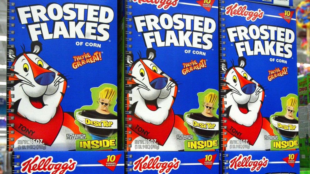 Boxes of Kellogg's Frosted Flakes cereal are pictured on July 28, 2003 in Rolling Meadows, Ill. 