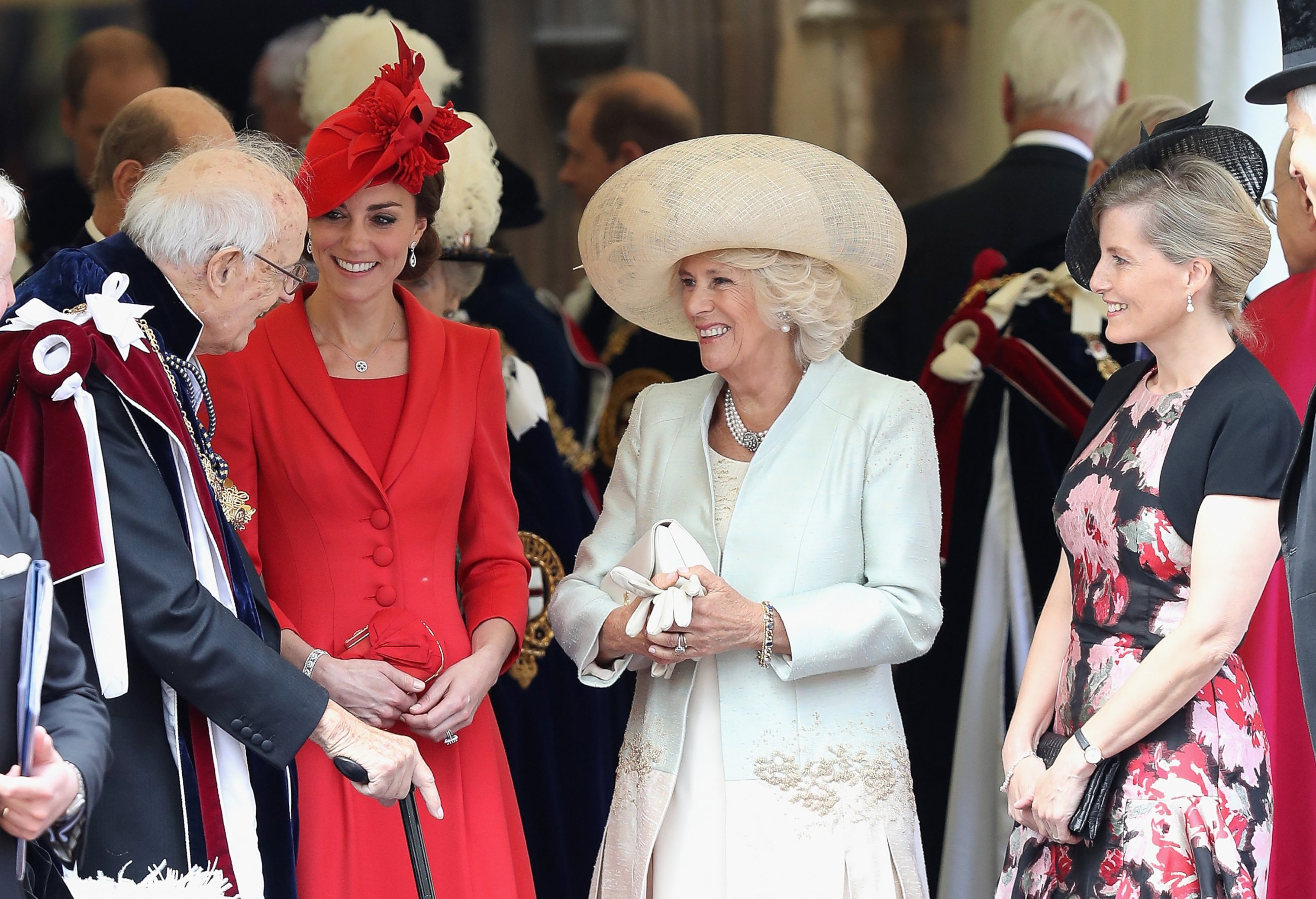 PHOTO:Catherine, Duchess of Cambridge, Camilla, Duchess of Cornwall and Sophie, Countess of Wessex chat with guests after the Order of the Garter Service at Windsor Castle, June 13, 2016, in Windsor, England.  