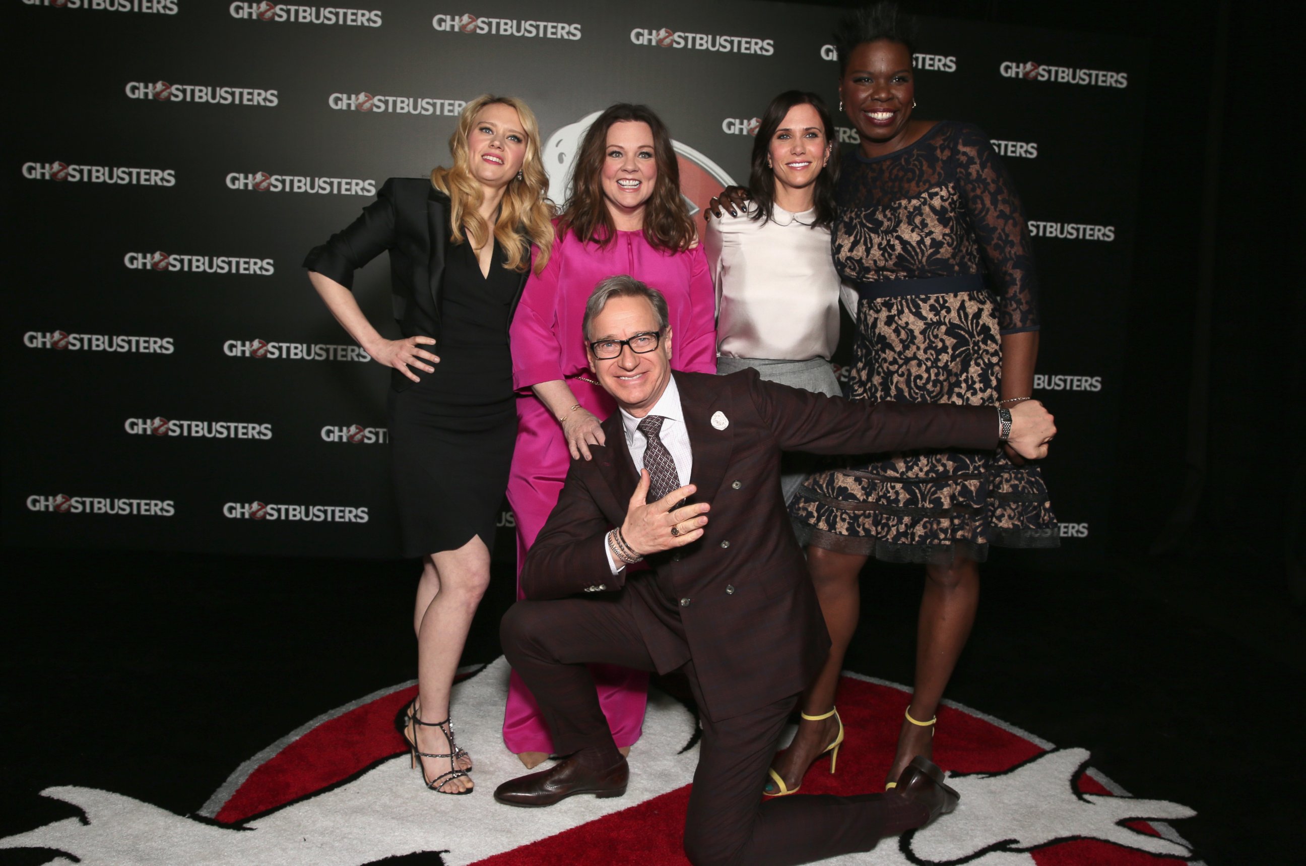PHOTO: From left, actresses Kate McKinnon, Melissa McCarthy, Kristen Wiig, Leslie Jones and 'Ghostbusters' director Paul Feig attend CinemaCon, April 12, 2016 in Las Vegas.  