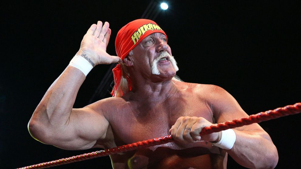 Hulk Hogan gestures to the audience during his Hulkamania Tour at the Burswood Dome in this Nov. 24, 2009 file photo in Perth, Australia.   