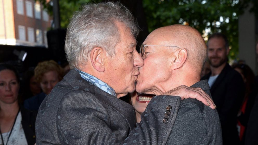 Ian McKellen and Patrick Stewart attend the UK Premiere of "Mr Holmes" at ODEON Kensington, June 10, 2015, in London.