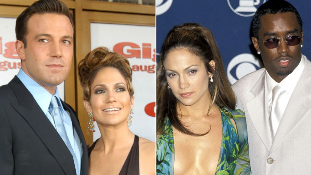 From left, Ben Affleck and Jennifer Lopez in Westwood, Calif., July 27, 2003, and Jennifer Lopez with Sean Combs in Los Angeles, Feb. 23, 2000.