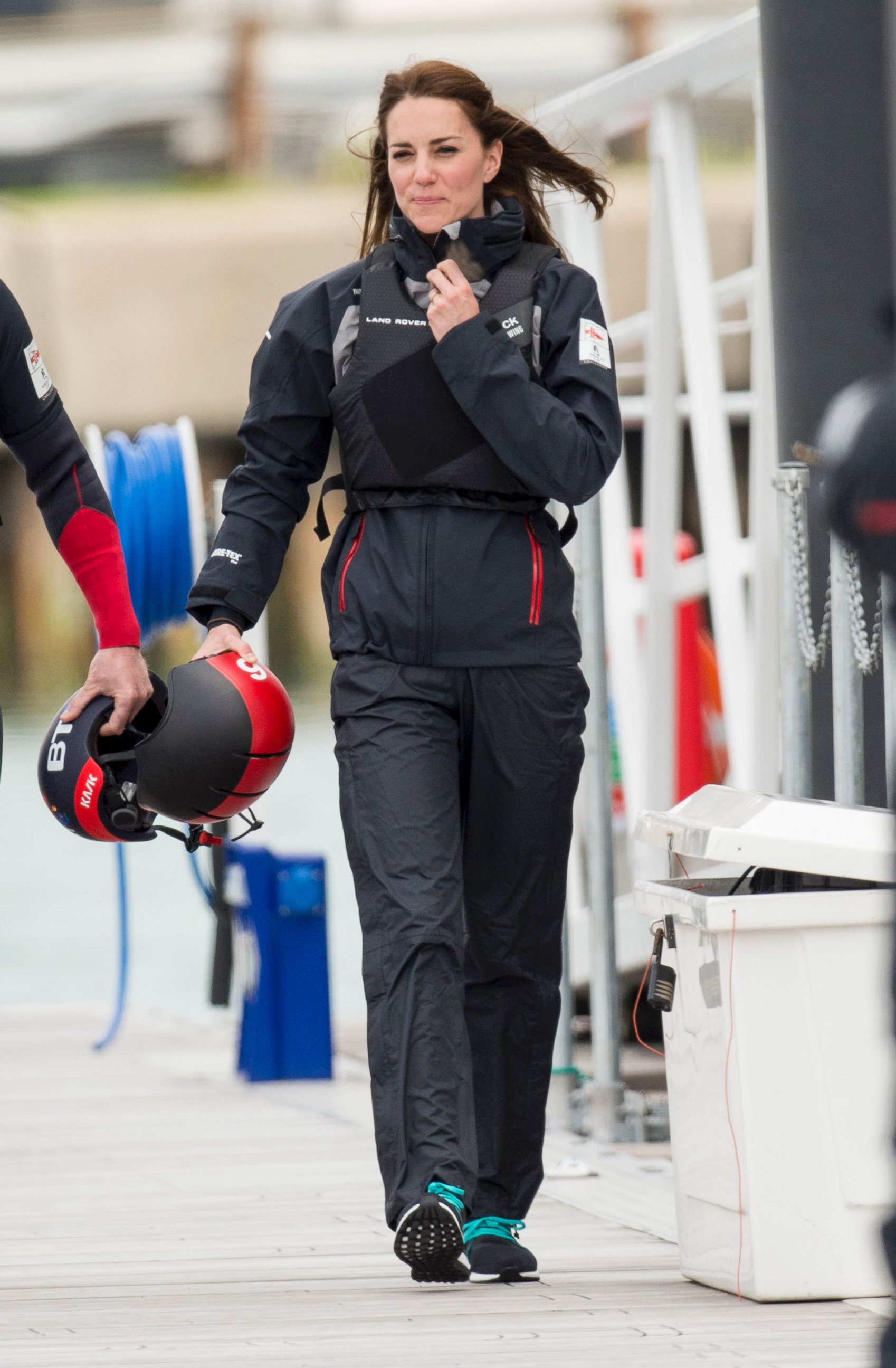 PHOTO: Catherine, Duchess of Cambridge joins the Land Rover BAR team on board their training boat, as they run a training circuit on the Solent, May 20, 2016, in Portsmouth, England.
