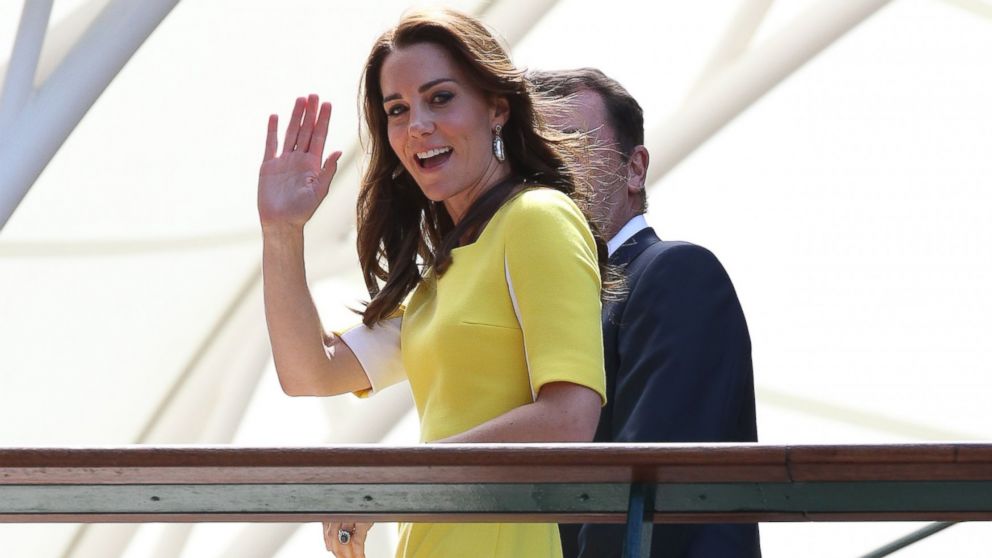 Catherine, Duchess of Cambridge waves during day eleven of the 2016 Wimbledon Championships at the All England Lawn Tennis Club, Wimbledon, London, July 7, 2016 in London.