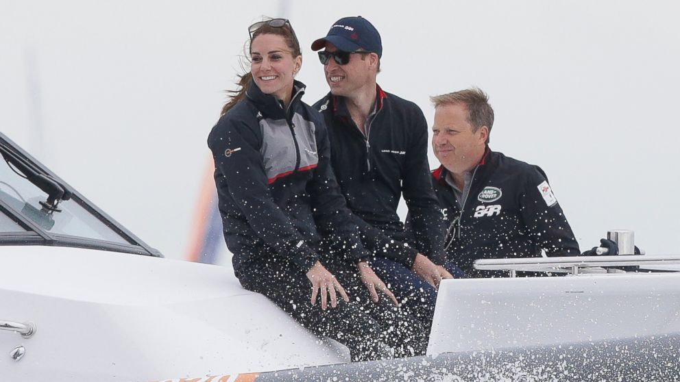 Catherine, Duchess of Cambridge and Prince William, Duke of Cambridge ride in the front of a boat as they watch the America's Cup World Series Race on the Solent, July 24, 2016, in Portsmouth, United Kingdom.