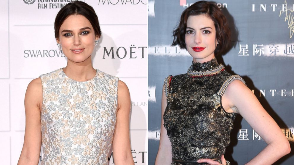 From left, Keira Knightley in London, Dec. 7, 2014, Anne Hathaway in Shanghai, China, Nov. 10, 2014.