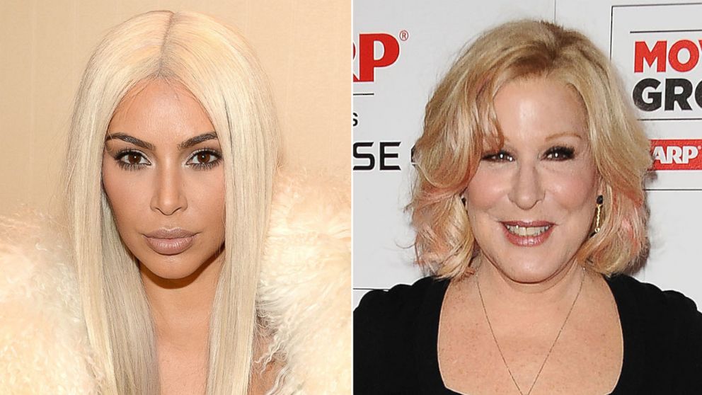 Kim Kardashian West attends Kanye West Yeezy Season 3 at Madison Square Garden on Feb. 11, 2016 in New York. Bette Midler attends the 15th annual Movies For Grownups Awards on Feb. 8, 2016 in Beverly Hills, Calif.