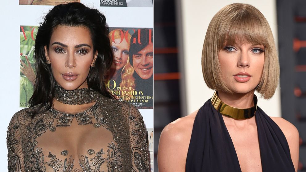 (L-R) Pictured are Kim Kardashian in London, May 23, 2016 and Taylor Swift in Beverly Hills, California, Feb. 28, 2016.