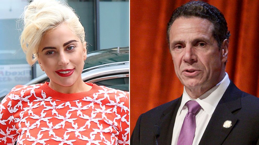 Lady Gaga, left, is seen June 9, 2015, in London. Andrew Cuomo is seen May 28, 2015, in New York.
