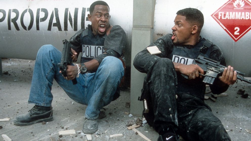 Martin Lawrence and Will Smith defend themselves in a scene from the film 'Bad Boys', 1995.