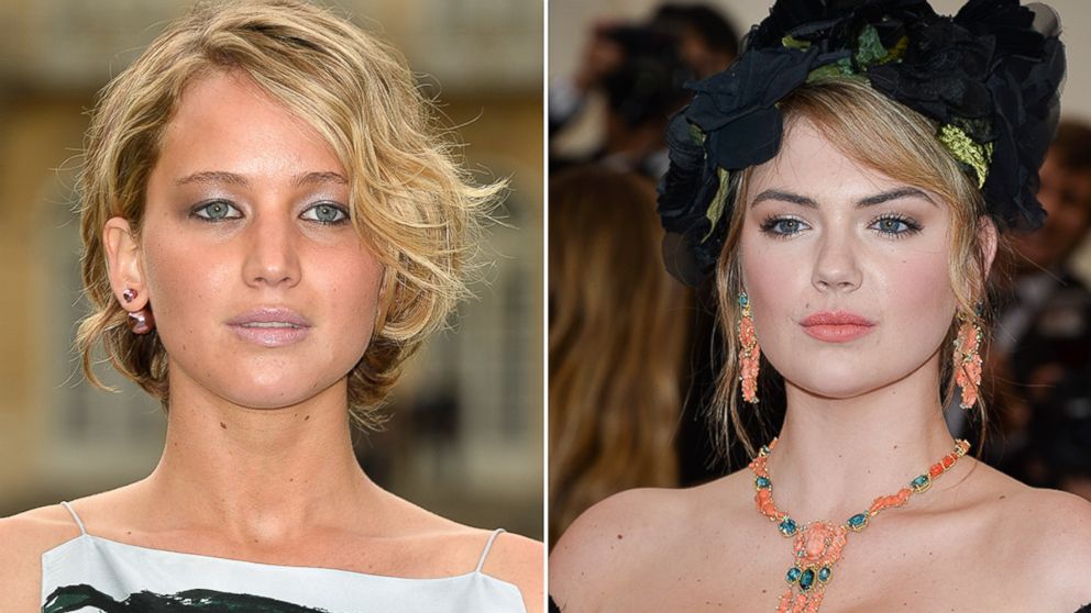 Jennifer Lawrence, left, attends the Christian Dior show as part of Paris Fashion Week - Haute Couture Fall/Winter 2014-2015, July 7, 2014, in Paris. Kate Upton attends the "Charles James: Beyond Fashion" Costume Institute Gala at the Metropolitan Museum of Art, May 5, 2014, in New York City.