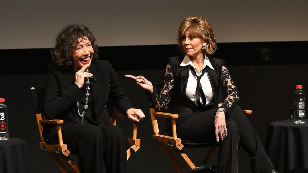 Lily Tomlin and Jane Fonda speaks at the Tribeca Film Festival, April 14, 2016, in New York.