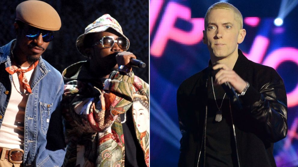 From left, Outkast (André Benjamin and Antwan Patton) in New York, Oct. 7, 2006, and Eminem in Amsterdam, Netherlands, Nov. 10, 2013.