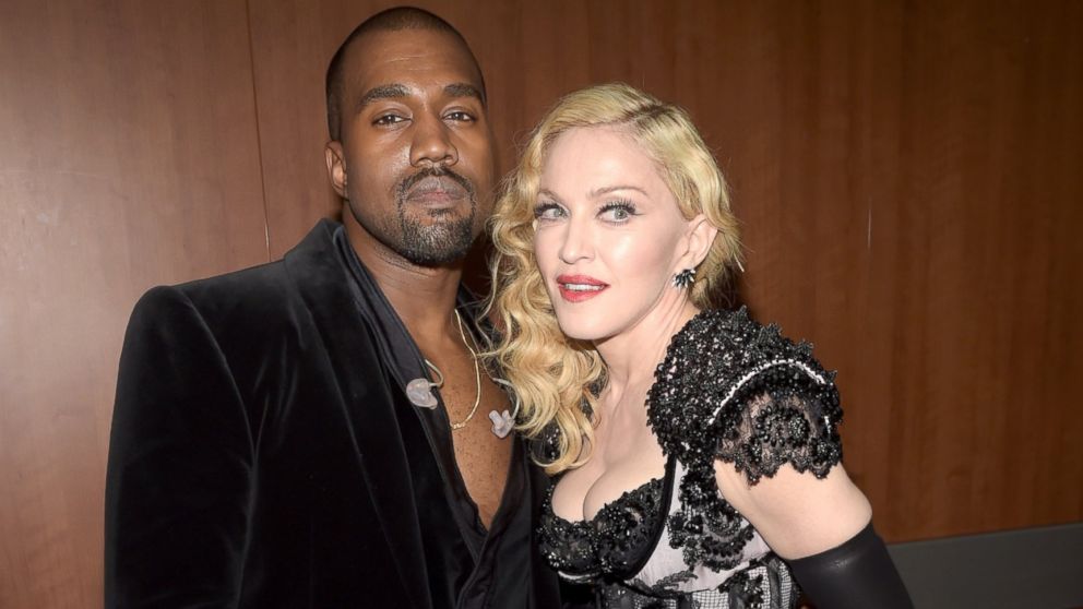 Kanye West and Madonna attend The 57th Annual GRAMMY Awards at Staples Center, Feb. 8, 2015, in Los Angeles.