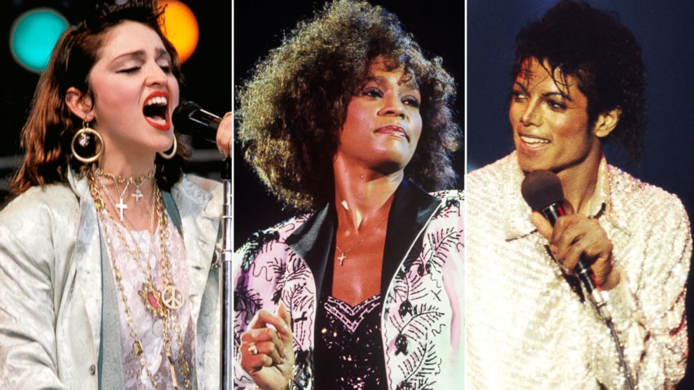 From left, Madonna performs in Philadelphia in 1985, Whitney Houston performs in New York in 1987, and Michael Jackson performs in Los Angeles in 1984.