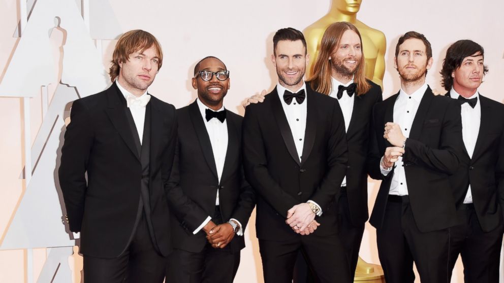 Michael Madden, PJ Morton, Adam Levine, James Valentine, Jesse Carmichael, and Matt Flynn of Maroon 5 attends the 87th Annual Academy Awards at Hollywood & Highland Center, Feb. 22, 2015, in Hollywood, Calif.  