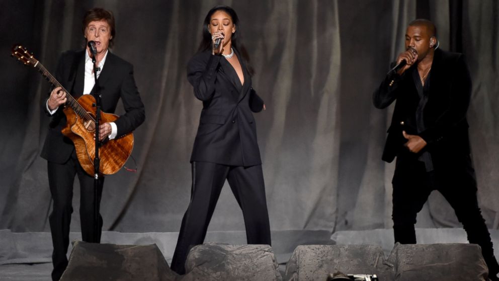 Paul McCartney, Rihanna, and Kanye West perform onstage during The 57th Annual Grammy Awards at the Staples Center, Feb. 8, 2015, in Los Angeles.