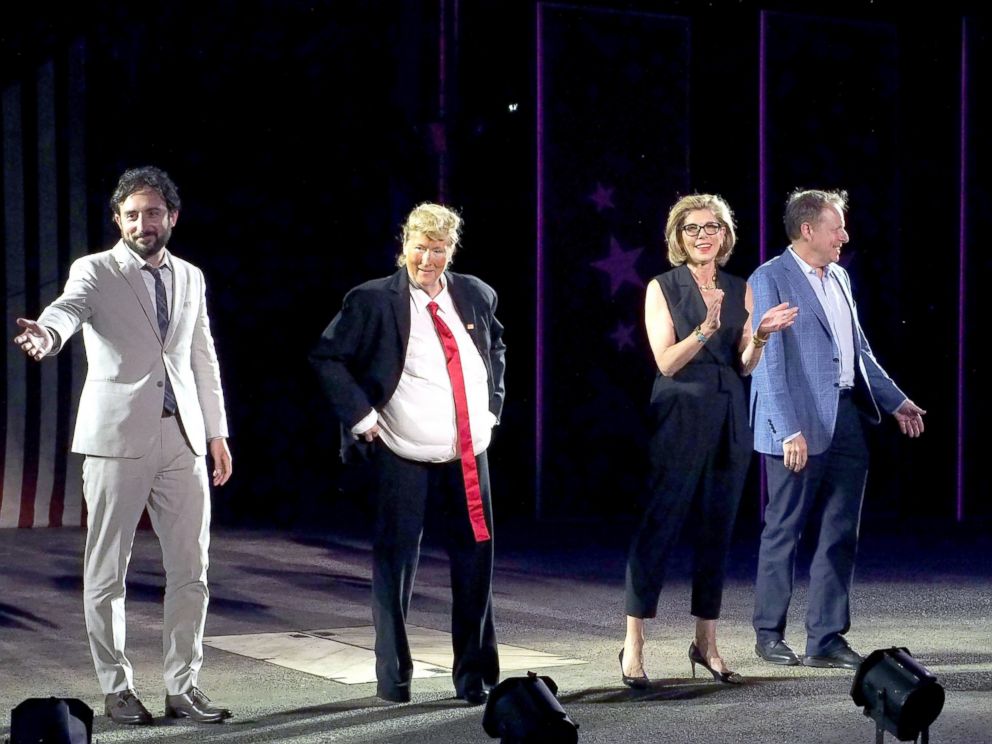 PHOTO: Jeremy McCarter, Meryl Streep, Christine Baranski and Jim Shapiro perform onstage at the 2016 Public Theater Gala at Delacorte Theater, June 6, 2016, in New York City.