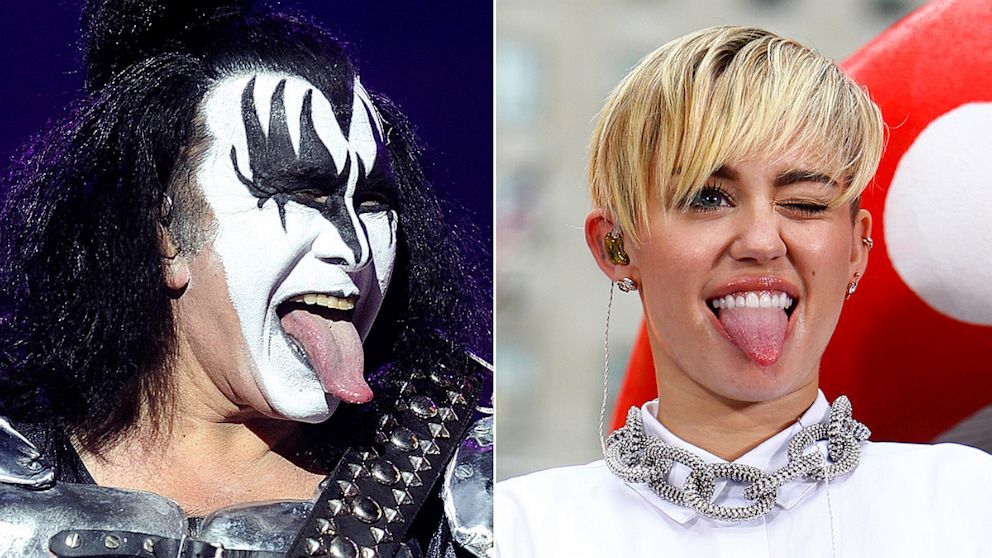 The bassist of U.S. rock band Kiss, Gene Simmons, performs on stage during the Hellfest Heavy Music Festival, June 22, 2013 in Clisson, western France; Miley Cyrus appears on NBC News' "Today" show, Oct. 7, 2013.