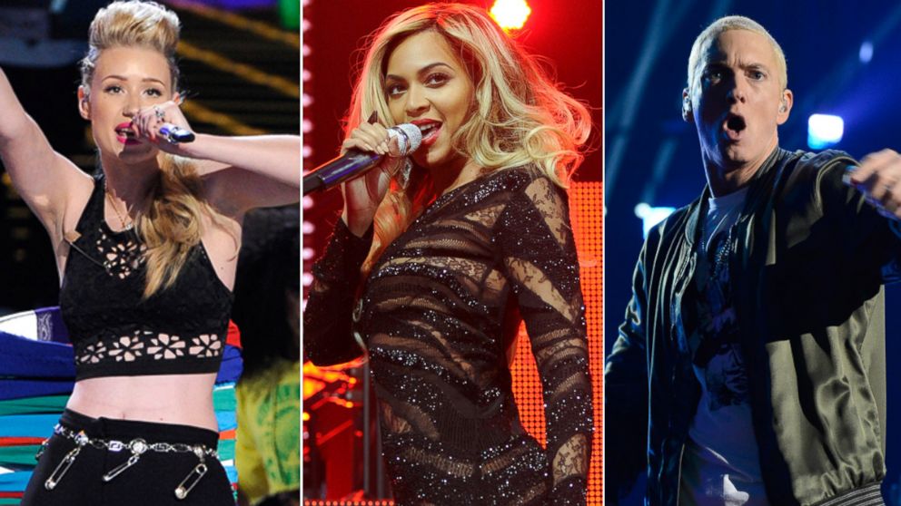 From left, Iggy Azalea, Beyonce Knowles and Eminem, who received the largest numbers of MTV Video Music Awards nominations this year.