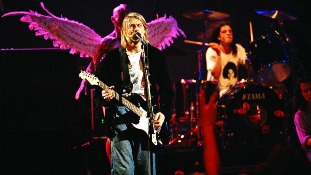 Kurt Cobain and Dave Grohl of Nirvana performing at "MTV Live and Loud" in Seattle in December of 1993. 