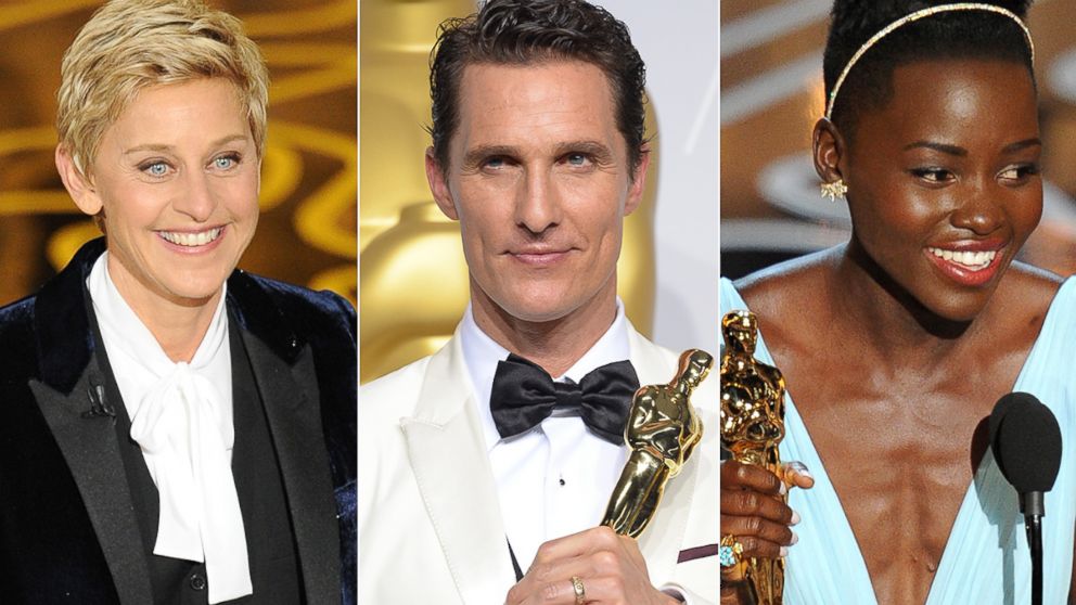 Ellen DeGeneres, left, speaks onstage during the Oscars on Mar. 2, 2014 in Hollywood, Calif. Matthew McConaughey, center, celebrates after winning the Best Actor Oscar on Mar. 2nd, 2014 in Hollywood, Calif. Lupita Nyong'o, right, accepts the Best Performance by an Actress in a Supporting Role Oscar on Mar. 2, 2014 in Hollywood, Calif. 