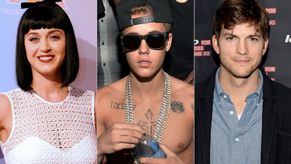 Katy Perry, left, is pictured in Sydney, Australia on March 4, 2014. Justin Bieber, center, is pictured in Atlanta, Ga. on Feb. 5, 2014. Ashton Kutcher, right, is pictured in Los Angeles on Oct. 29, 2013. 