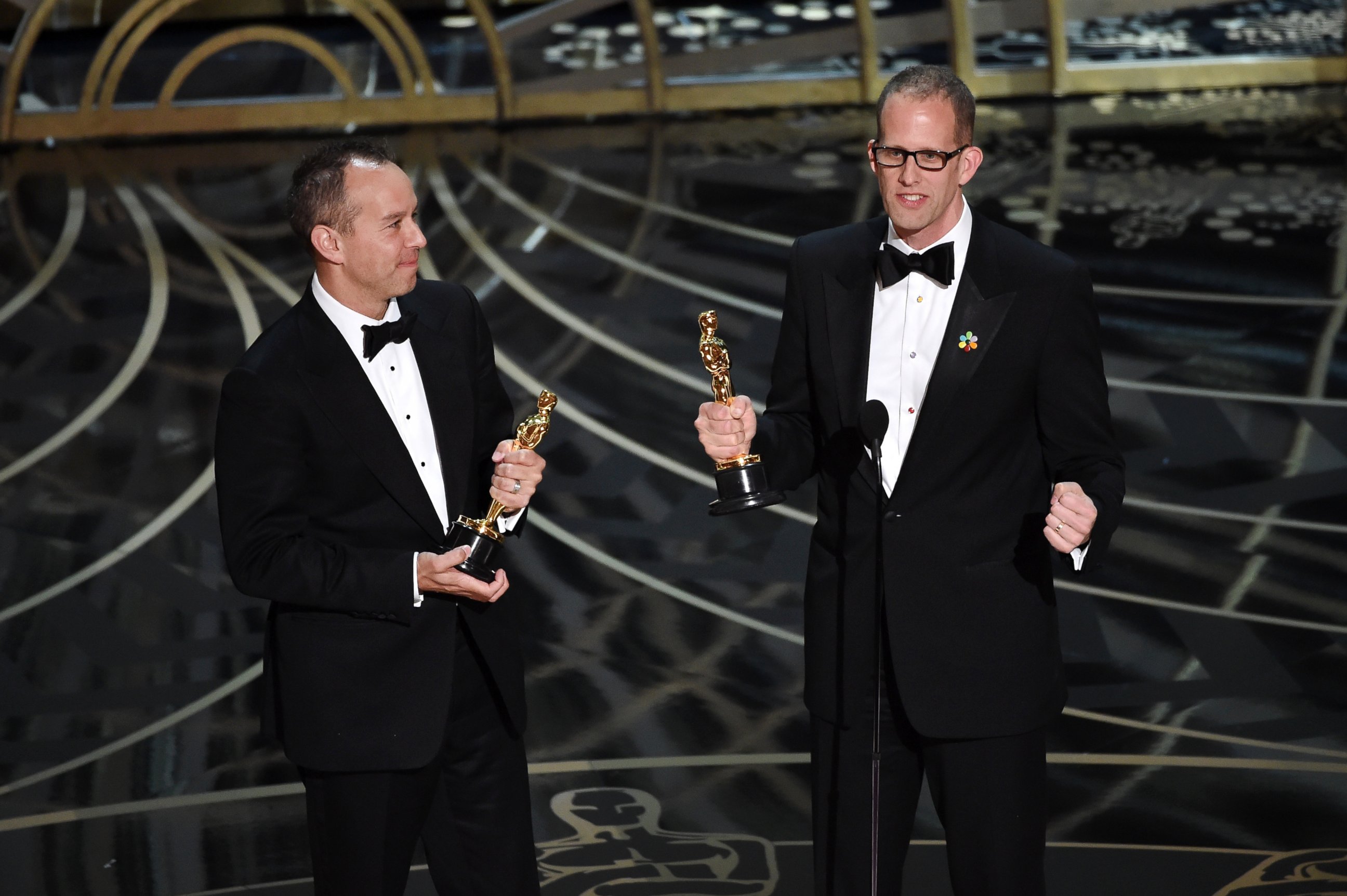 PHOTO: Jonas Rivera, left, and Pete Docter accept the Best Animated Feature Film award for 'Inside Out' onstage during the 88th Annual Academy Awards at the Dolby Theater, Feb. 28, 2016 in Hollywood, California.