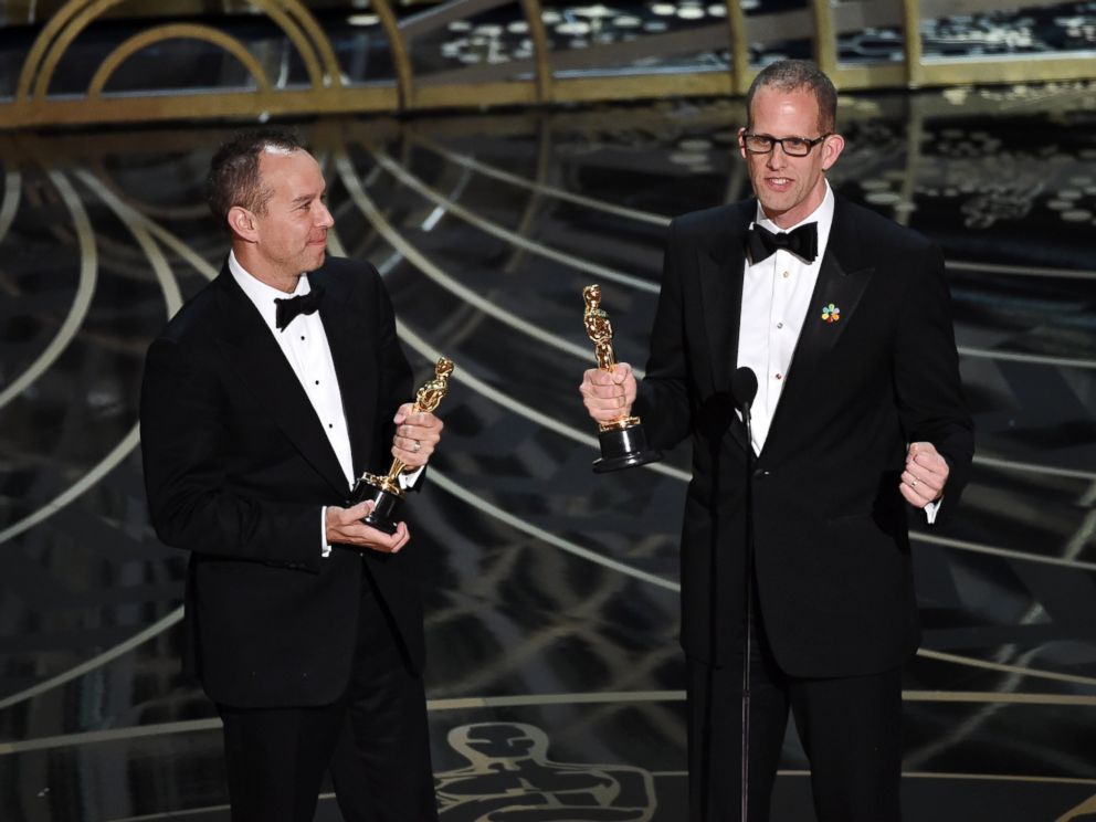 PHOTO: Jonas Rivera, left, and Pete Docter accept the Best Animated Feature Film award for Inside Out onstage during the 88th Annual Academy Awards at the Dolby Theater, Feb. 28, 2016 in Hollywood, California.