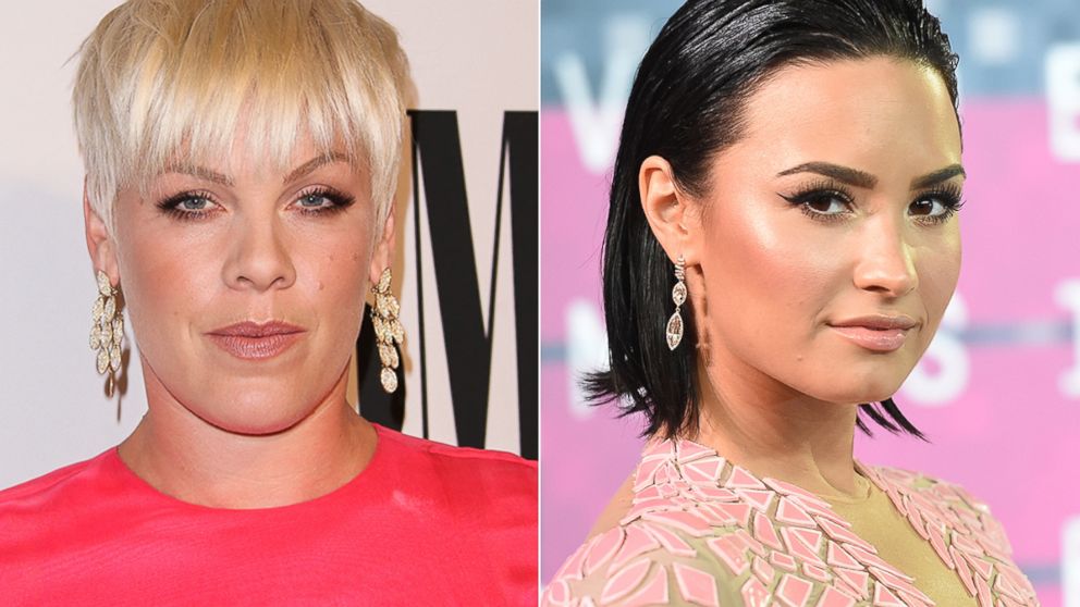Pink is pictured on May 12, 2015 in Beverly Hills, Calif. Demi Lovato is pictured on Aug. 30, 2015 in Los Angeles. 