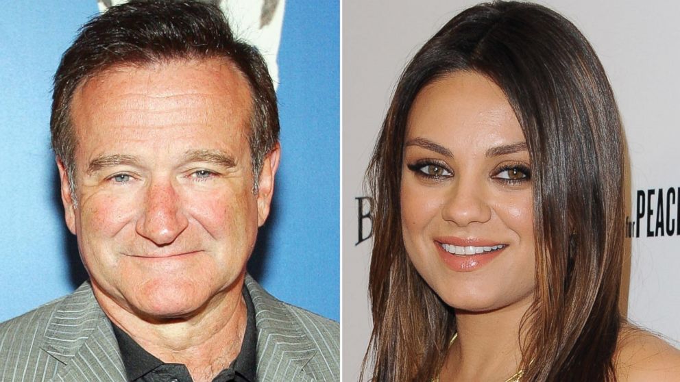Left, actor/comedian Robin Williams arrives at the premiere of "Monty Python's Spamalot" at The Grail Theater at the Wynn Las Vegas in this March 31, 2007, file photo; right, actress Mila Kunis arrives at the Los Angeles premiere of 'Third Person' at Pickford Center for Motion Study on June 9, 2014 in Hollywood, California. 