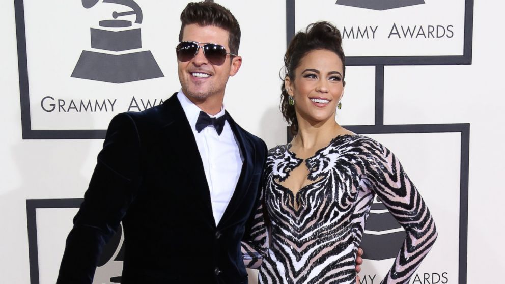 Robin Thicke and Paula Patton arrive at the 56th Annual GRAMMY Awards at Staples Center, Jan. 26, 2014 in Los Angeles.   