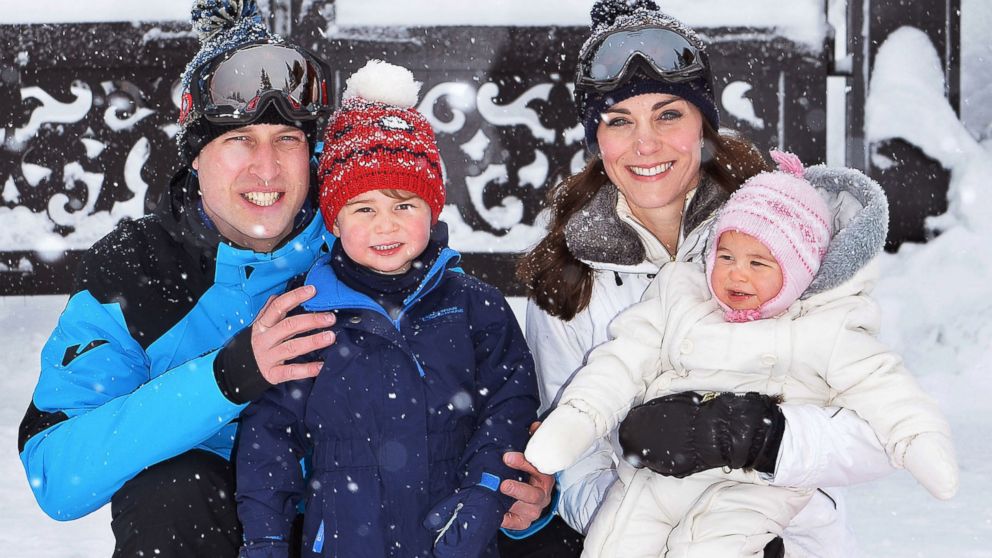 PHOTO: Catherine, Duchess of Cambridge and Prince William, Duke of Cambridge, with their children, Princess Charlotte and Prince George, enjoy a short private skiing break on March 3, 2016 in the French Alps, France.