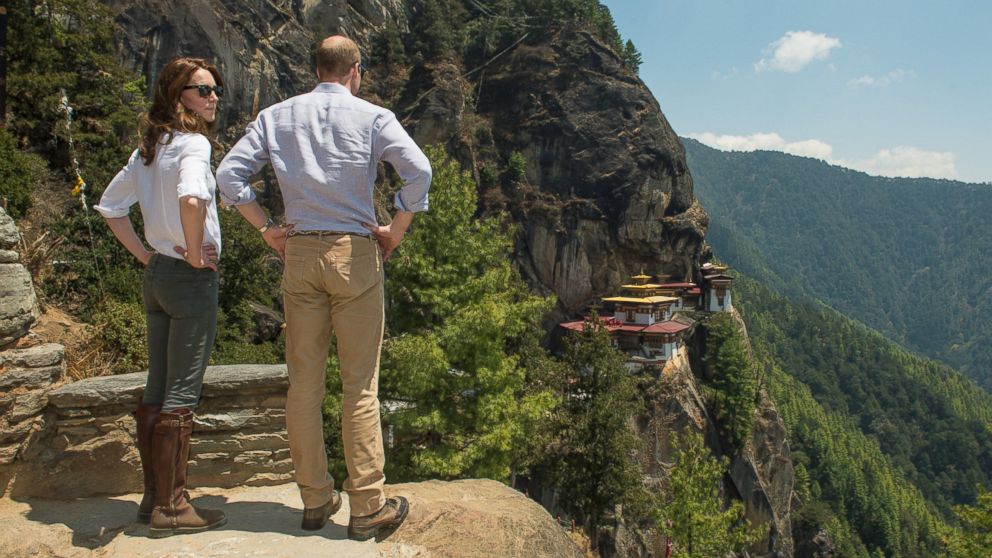 PHOTO: Catherine, Duchess of Cambridge and Prince William, Duke of Cambridge, pose together as they hike to Paro Taktsang, the Tiger's Nest monastery, April 15, 2016 in Paro, Bhutan.