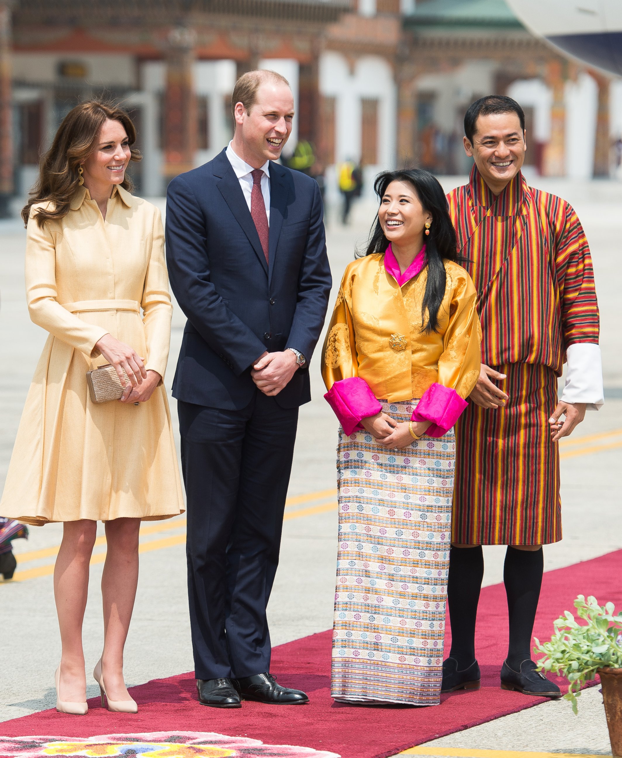 PHOTO:The Duke and Duchess of Cambridge pose for a photo with the sister of the King of Bhutan Chhimi Yangzom and her husband at Paro International Airport, Bhutan,  April 14, 2016.