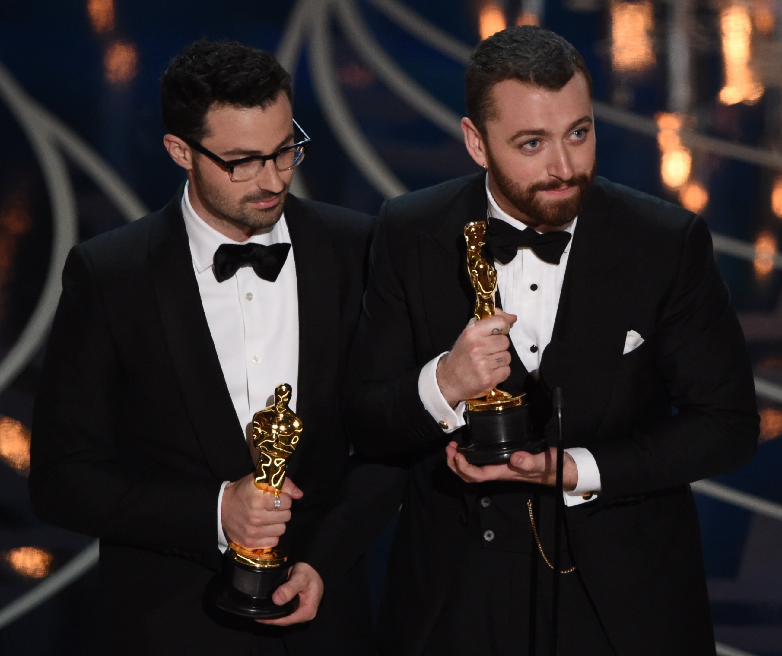 PHOTO:Singer Sam Smith and Composer Jimmy Napes accept their award for Best Song on stage at the 88th Oscars, Feb. 28, 2016, in Hollywood, Calif. 