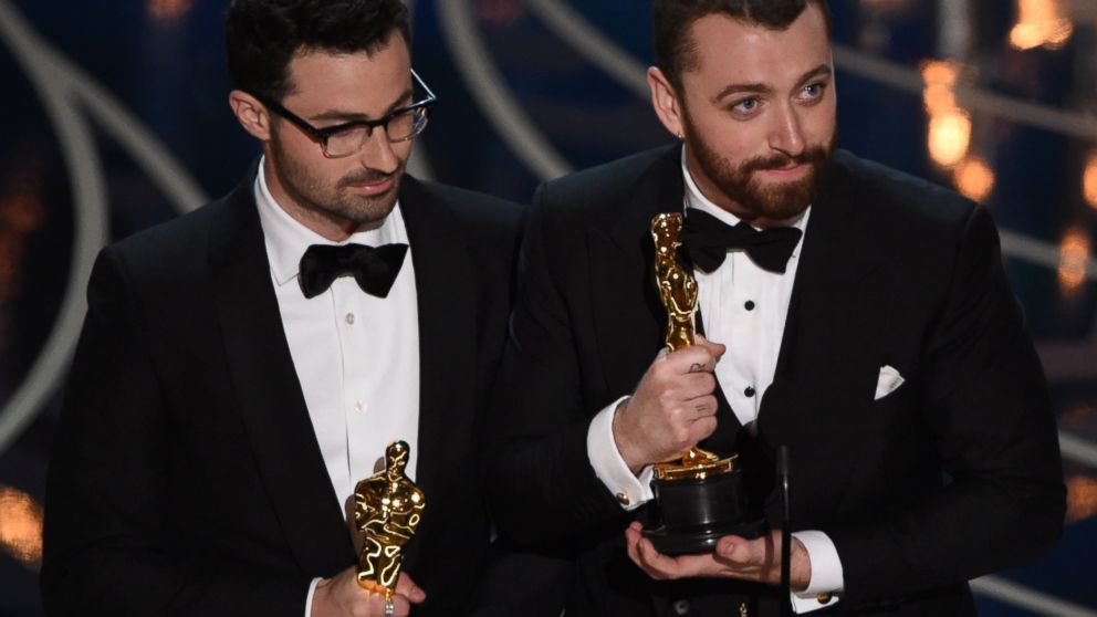 PHOTO:Singer Sam Smith and Composer Jimmy Napes accept their award for Best Song on stage at the 88th Oscars, Feb. 28, 2016, in Hollywood, Calif. 
