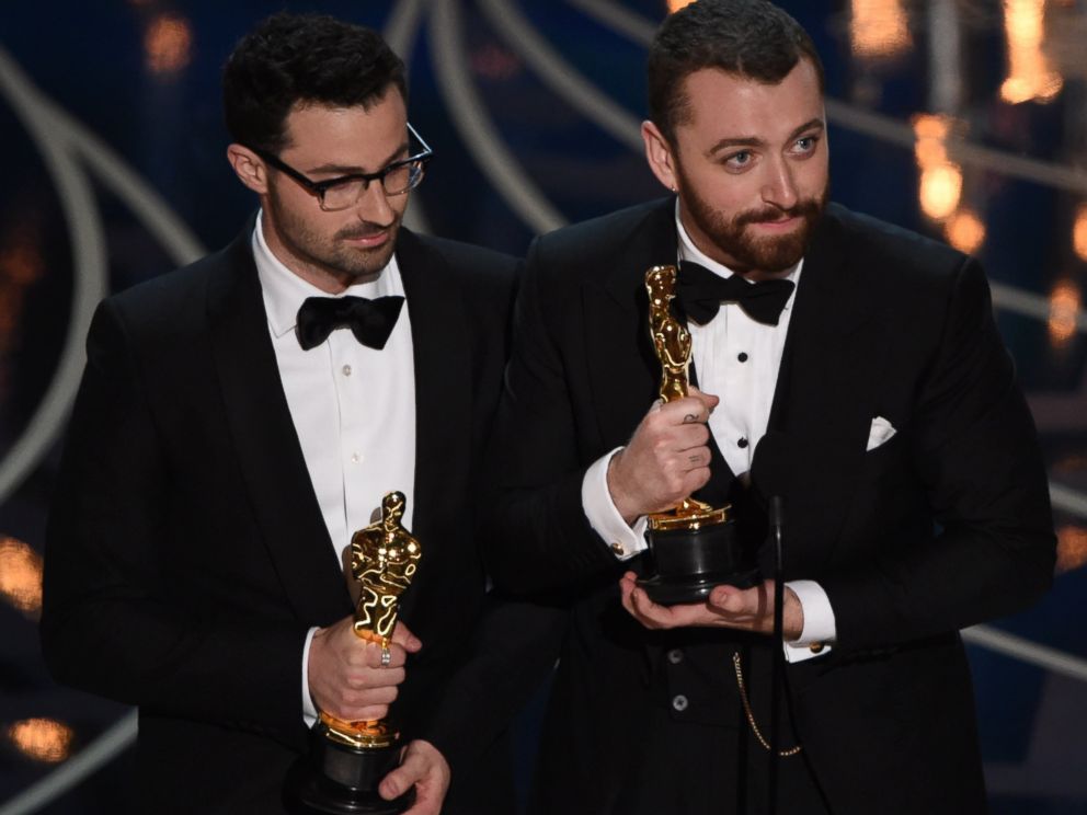 PHOTO:Singer Sam Smith and Composer Jimmy Napes accept their award for Best Song on stage at the 88th Oscars, Feb. 28, 2016, in Hollywood, Calif.