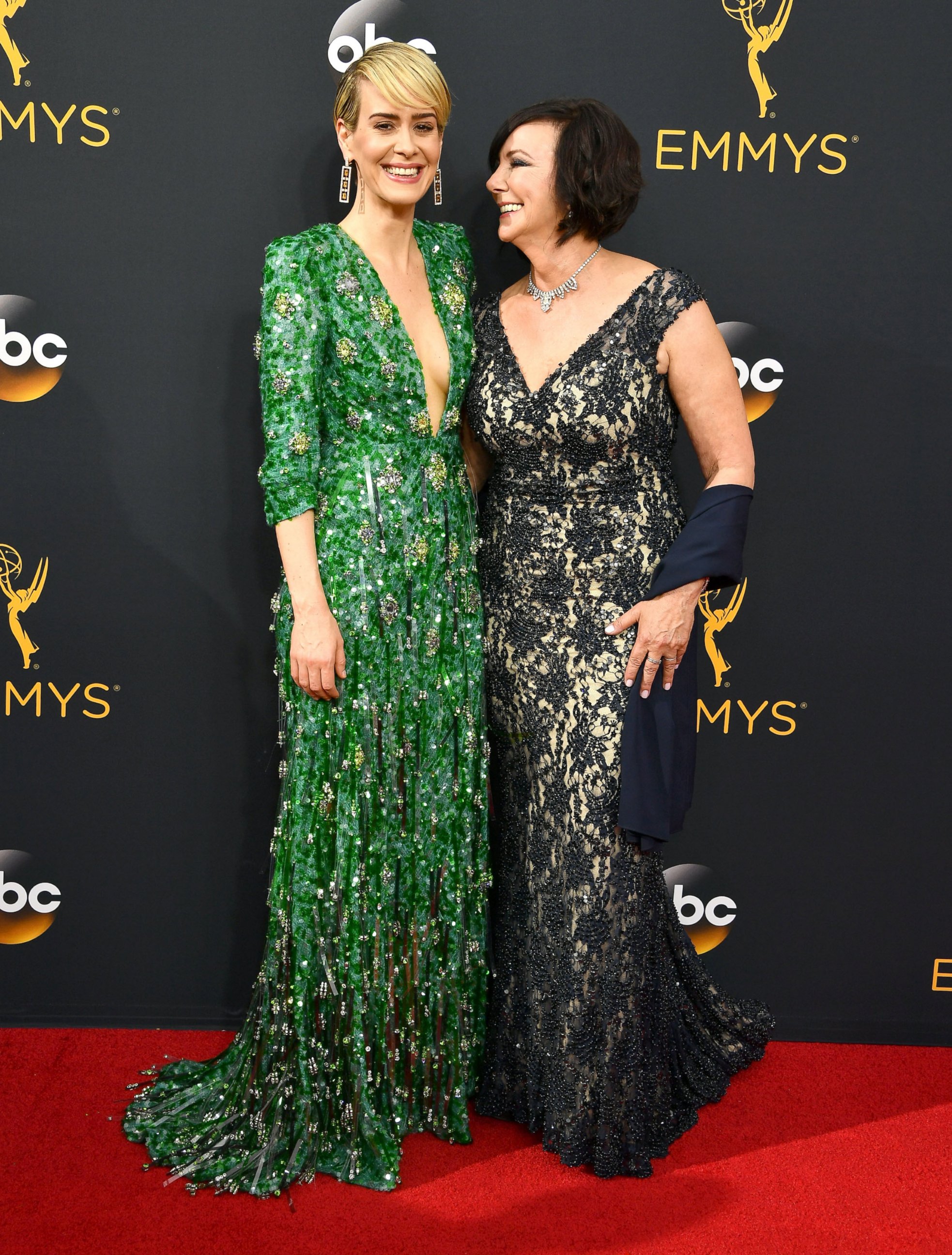 PHOTO: Sarah Paulson, left, and Marcia Clark arrive at the 68th Annual Primetime Emmy Awards at Microsoft Theater, Sept. 18, 2016 in Los Angeles.