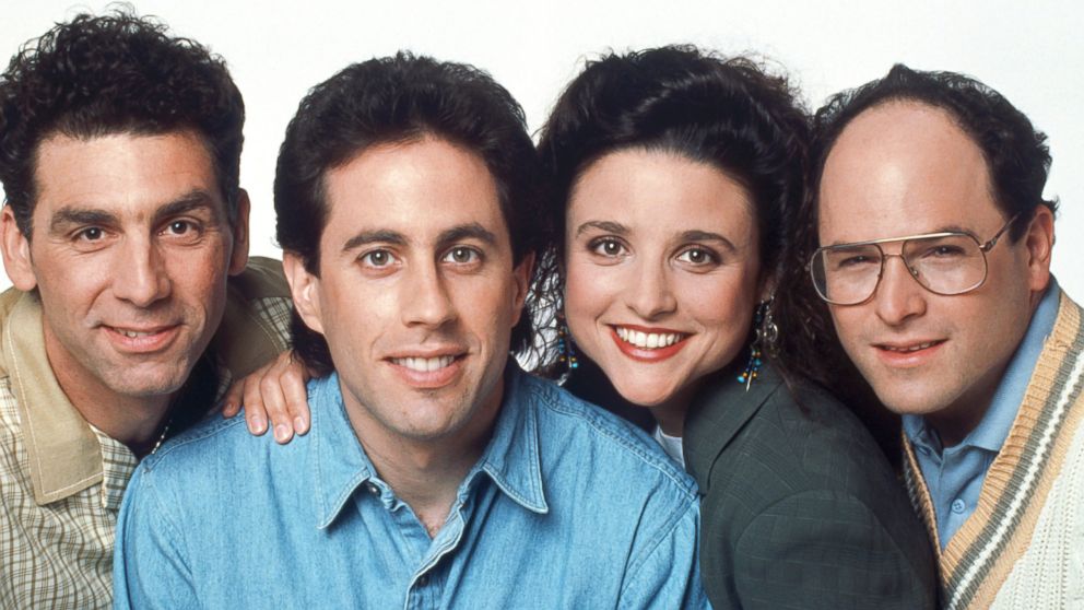 From left to right, Michael Richards as Cosmo Kramer, Jerry Seinfeld as Jerry Seinfeld, Julia Louis-Dreyfus as Elaine Benes, Jason Alexander as George Costanza are seen in this undated image.