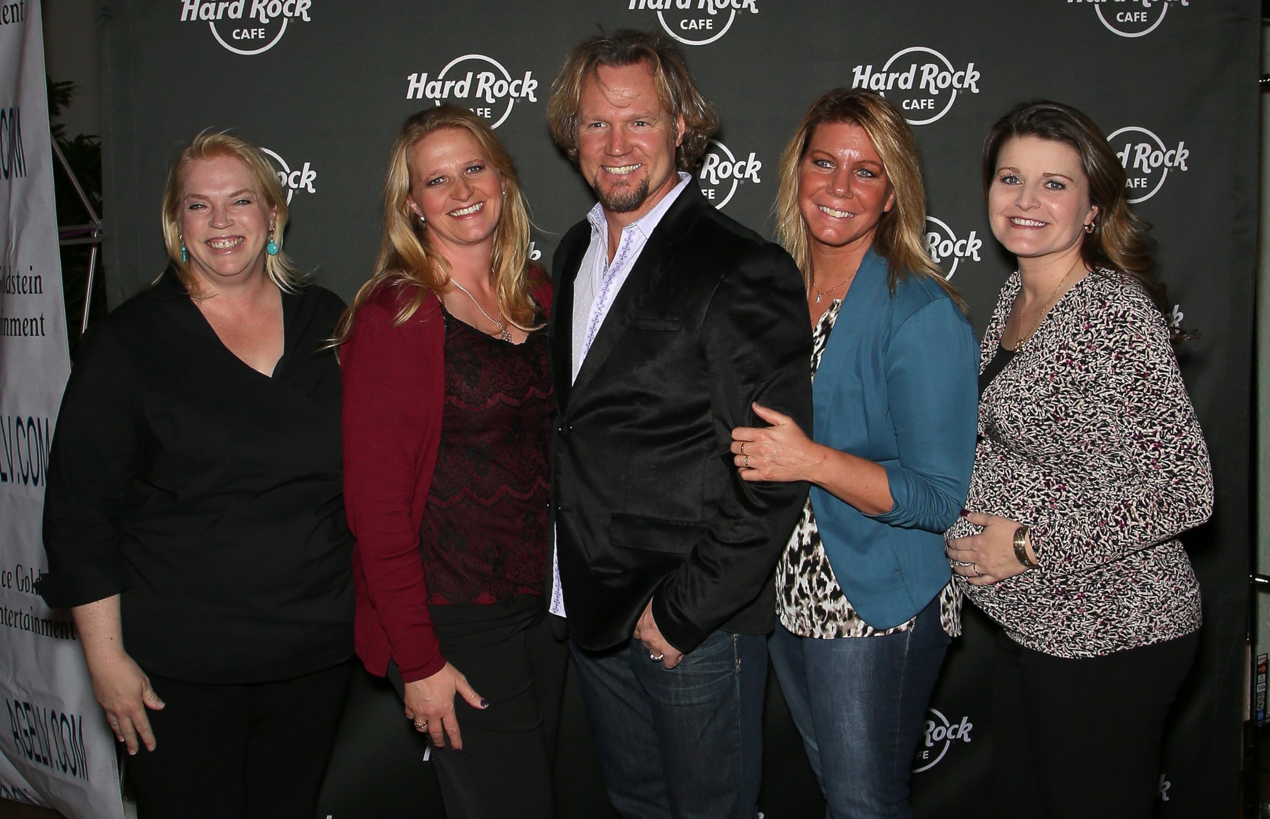 PHOTO: Television personalities Kody Brown (C) and his wives, (L-R) Janelle Brown, Christine Brown, Meri Brown and Robyn Brown, attend Hard Rock Cafe Las Vegas at Hard Rock Hotel's 25th anniversary celebration on Oct. 10, 2015 in Las Vegas. 