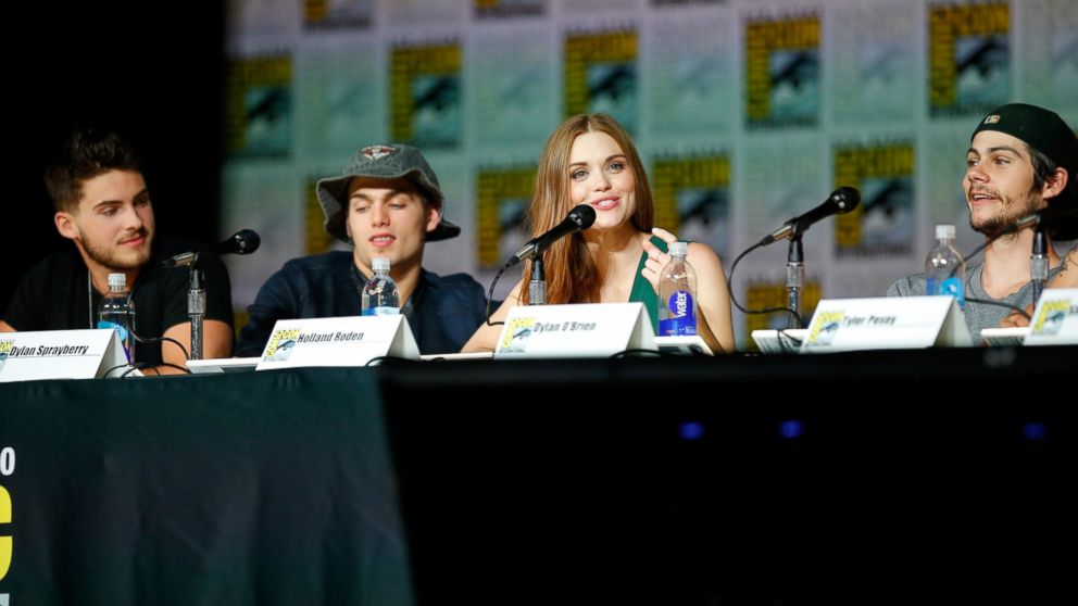 (L-R) Actors Cody Christian, Dylan Sprayberry, Holland Roden, and Dylan O'Brien speak onstage at MTV's 'Teen Wolf' panel during Comic-Con International 2015 at the San Diego Convention Center in San Diego, Calif.,  July 9, 2015.   