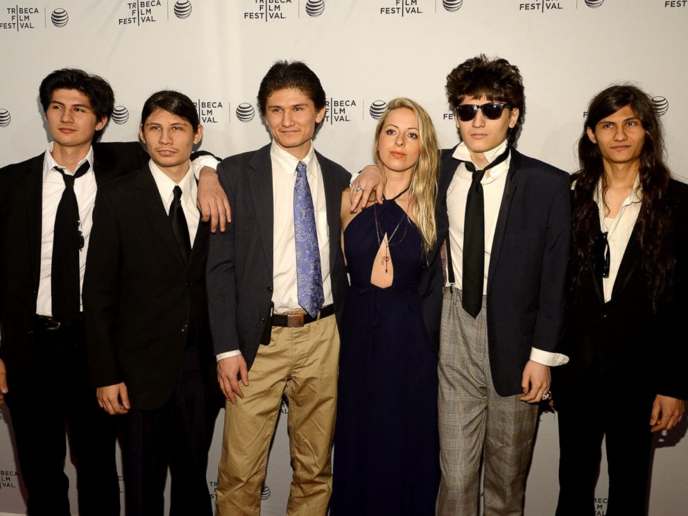PHOTO: (L-R) Mukunda Angulo, Bhagavan Angulo, Jagadisa Angulo, Crystal Moselle, Narayana Angulo and Govinda Angulo attend the premiere of The Wolfpack during the 2015 Tribeca Film Festival at the SVA Theater on April 18, 2015 in New York City.