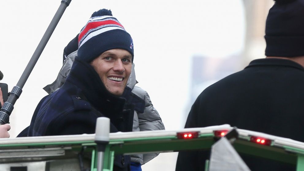 Quarterback Tom Brady of the New England Patriots celebrates during a Super Bowl victory parade, Feb. 4, 2015, in Boston.